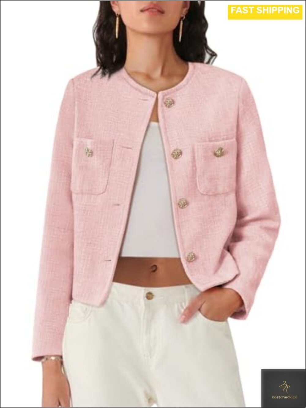 Womens Cropped Tweed Jacket Button Down Long Sleeve Blazer